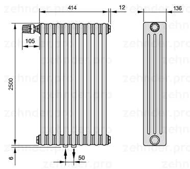 Схема (чертеж) Радиатор Zehnder Charleston 4250/9 №V007 Белый глянцевый RAL 9016